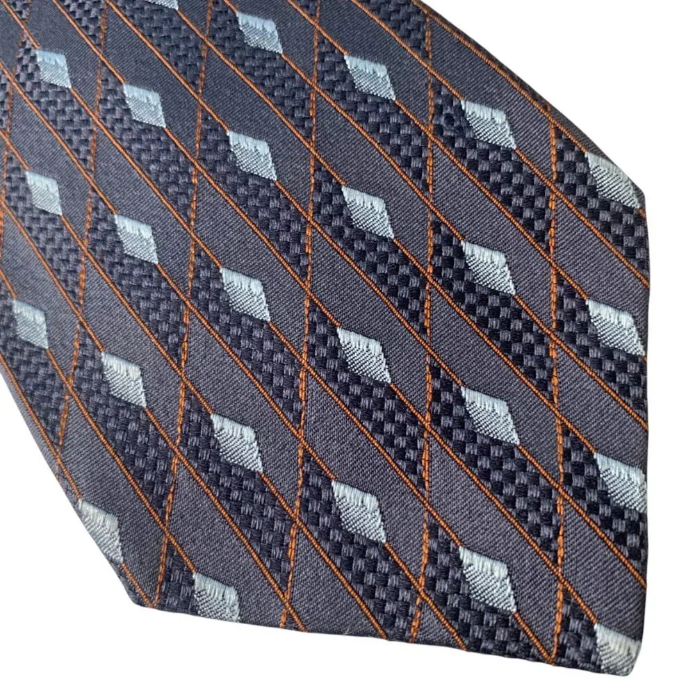ERMENEGILDO ZEGNA Navy‎ Silk Embroidered Slate Blue Diamond Neck Tie